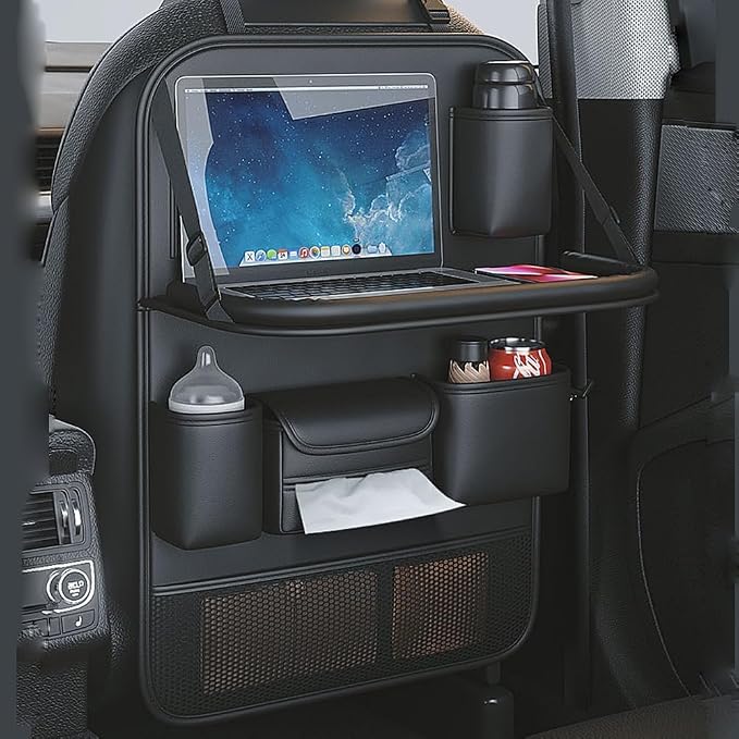 Universal Foldable Car Backseat Organizer with Table Tray, Car Seat Back Protector with Touch Screen Phone Holder, Premium Leather Kick Mats with Storage Pockets Tissue Box (Black)
