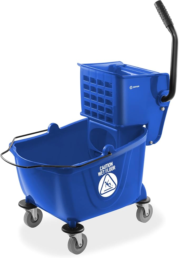 Commercial Janitorial Cleaning Cart on Wheels with Shelves and Vinyl Bag & Commercial Mop Bucket with Side Press Wringer, 26 Qt. Blue
