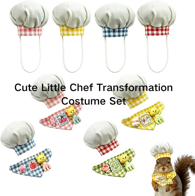Small Pet Chef Costume Set, Hat & Bandana for Hamster Guinea Pig (Blue) | Cute Plaid Outfit Includes Chef Hat & Decorative Bandana, Soft Cotton‑Resin Material, Great for Photo Prop & Party Dress‑Up