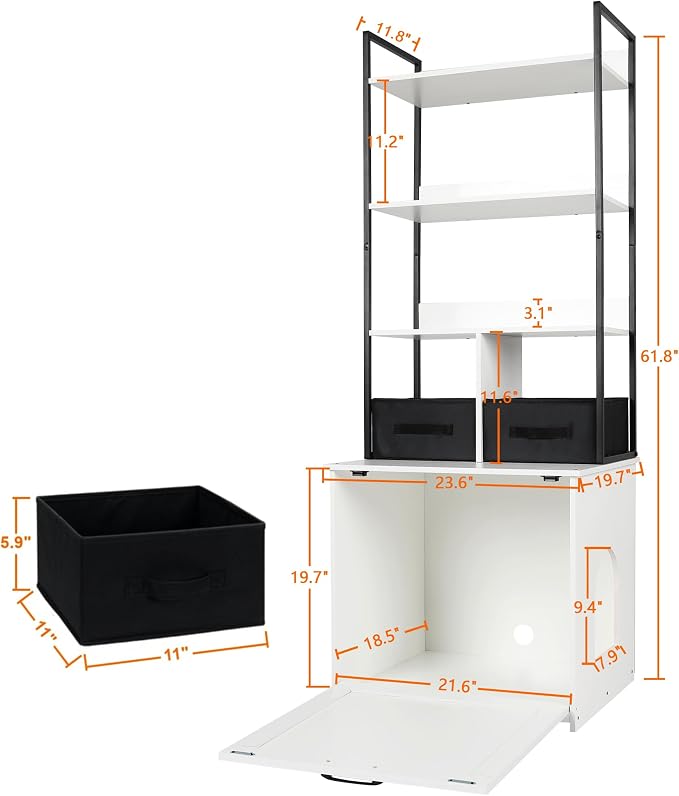 Dwanton Cat Litter Box Enclosure, 3 Storage Shelves and 2 Drawers, 61.8" H | 2-in-1 Hidden Cat Litter Box Enclosure Furniture with Shelf, Metal Frame, Reversible Entrance, Washable Drawers, White