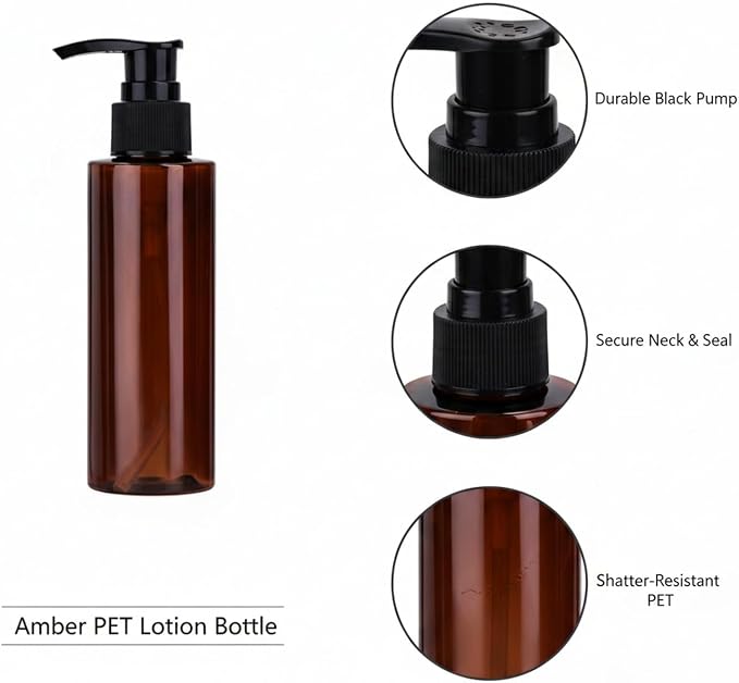 Amber PET Lotion Pump Bottle, Refillable Dispenser for Travel & Bathroom Storage, Black Finish