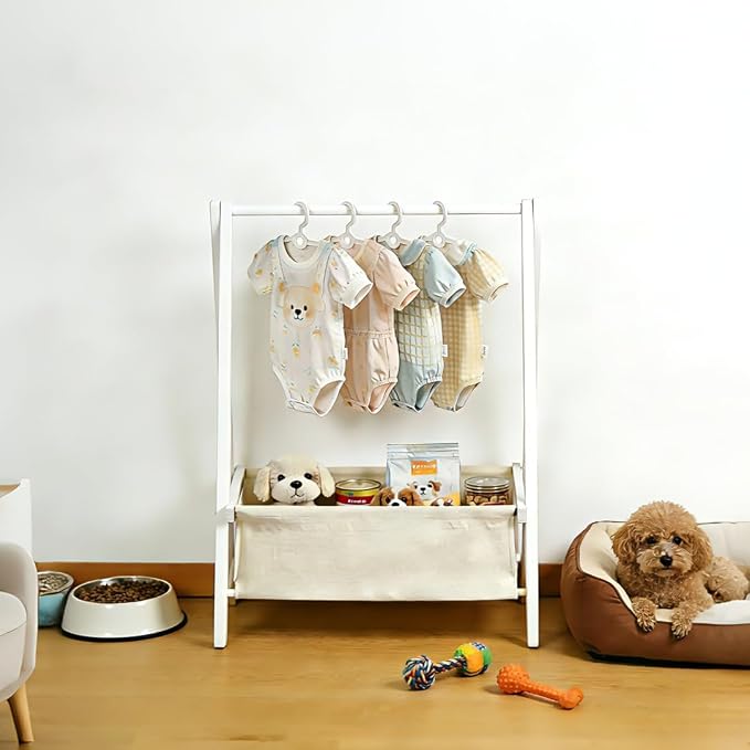 Baby Clothing Rack for Baby Shower, Pets Clothes Rack with Storage Box & Hanging Rod for Dogs/Cats, Mini Dolls Closet Rack, Bamboo Baby Shower Rack for Nursery Room (White)
