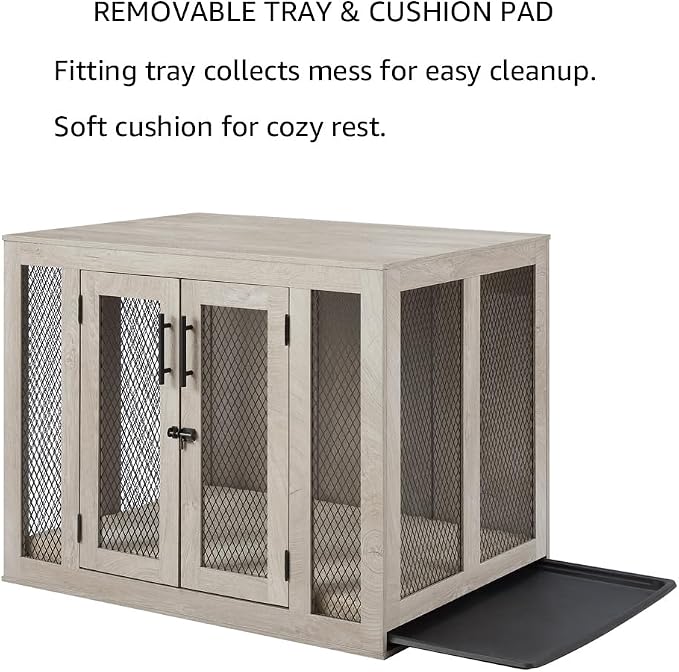 unipaws 38.5 Inch Large Dog Crate Furniture, Wooden Kennel for Large Breed | Indoor Decorative Wood Dog Cage, Inside Side End Table Crate with Tray and Dog Bed, Dog Enclosure