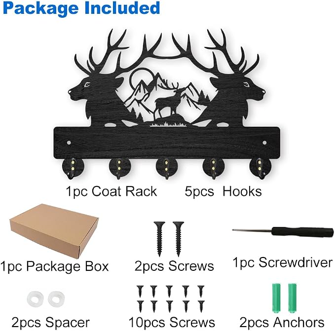 MAYJOYDIY Deer Mountain Forest Coat Hooks Wall Mounted 11.8×7.9inch Black Wooden Deer Key Holder for Wall 5 Alloy Hooks Wall Art Decor Deer Hangers for Towel Key Kitchen Bedroom Entryway Gifts