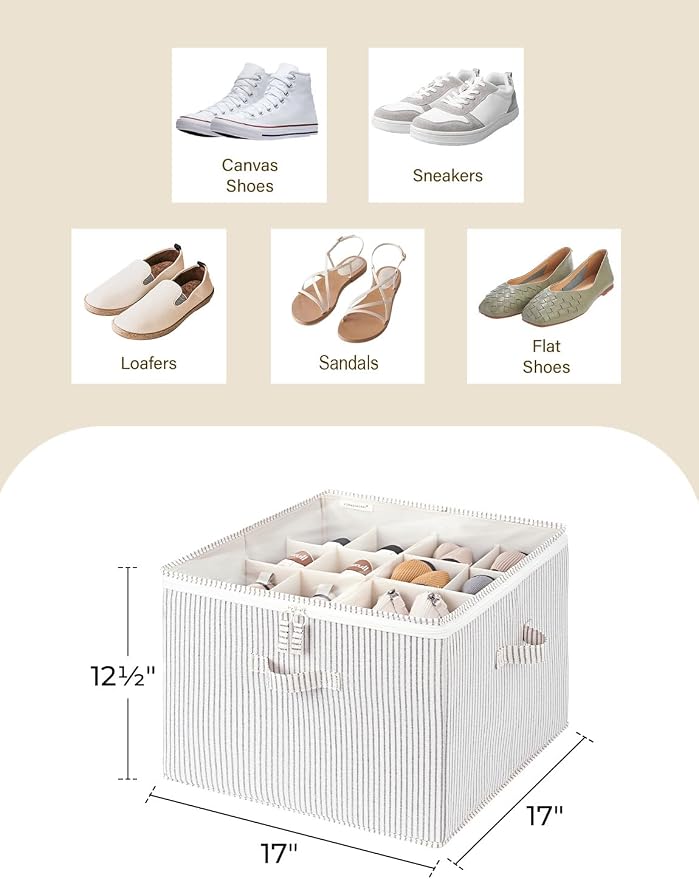 StorageWorks Shoe Organizer for Closet, Fits up to 16 Pairs, Shoe Cubby Storage Containers with Adjustable Dividers and Clear Cover, Khaki and Beige Stripes | Adjustable Dividers, Holds up to 16 Pairs, Foldable, Clear Lid, Soft Handles, Fits Sneakers, ...