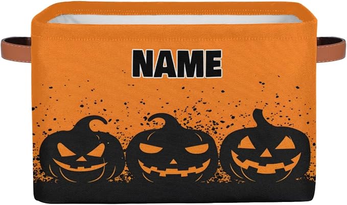 Custom Name Storage Bin, Personalized Rectangular Storage Basket with Handles for Organizing Boys Girls Toys Office Closet Shelf Baskets, Watercolor Orange Black Pumpkins Halloween