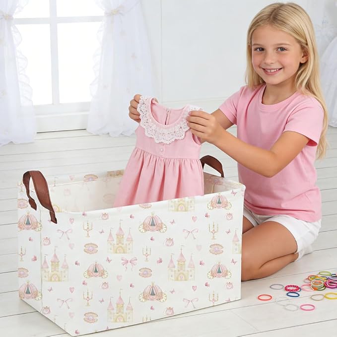 Rectangular Pink girl princess basket,Pink Baskets,Collapsible waterproof storage basket,Books Box,Girl room Decor,Gift Baskets(Pink Princess)