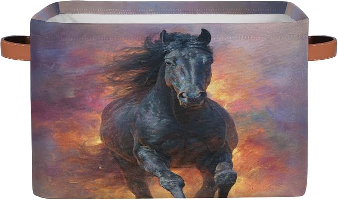 Pardick Storage Baskets Bin, Flame Animals Horse Collapsible Canvas Fabric Storage Bin Decorative Baskets Toy Organizer Rectangle Storage Boxes with handles for Home Shelves Nursery,Q-13