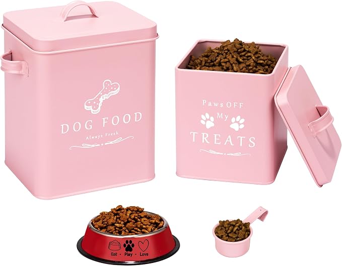 Meraki Home Small Dog Food Container and Dog Treats Container - Tight Lids - Feed Scoop and Pet Food Bowl - Farmhouse Metal Storage Bin - Matte Pink