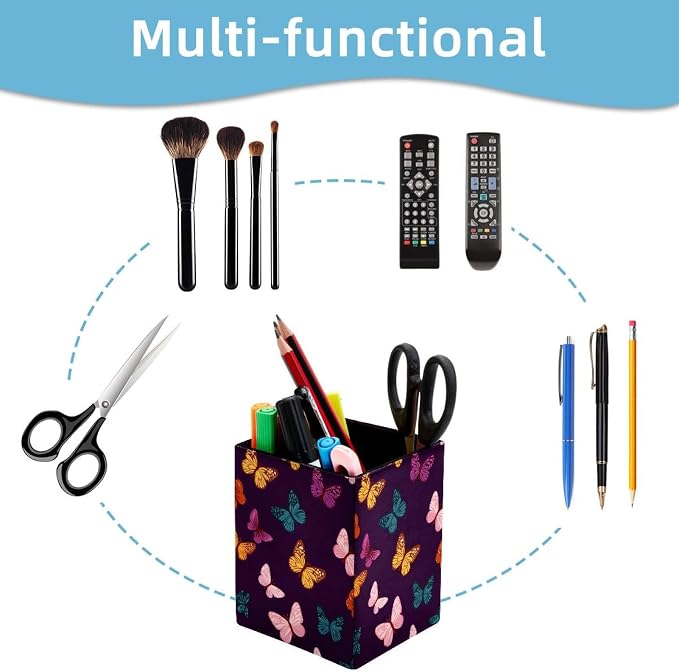 Butterfly Pen Holder for Desk Decor, Rectangular PVC Leather Pencil Cup for Desk Pen Organizer, Makeup Brush Holder for School, Home, Office