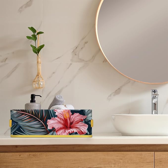 Beautiful Tropical Flowers Bathroom Storage Basket, Foldable with Handle Open Countertop Paper Towel Decorative Box, Toilet Tank Top Shelf Baskets for Home Closet Bedroom Living Room Office