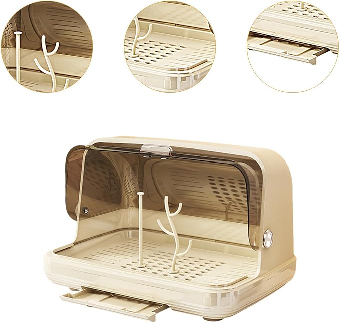 harayaa Rack Rack with Cover Storage Box Organizer Portable PET Material Dustproof Dish Drainer Easy to Clean for Nursery Suitable, Light Khaki Medium