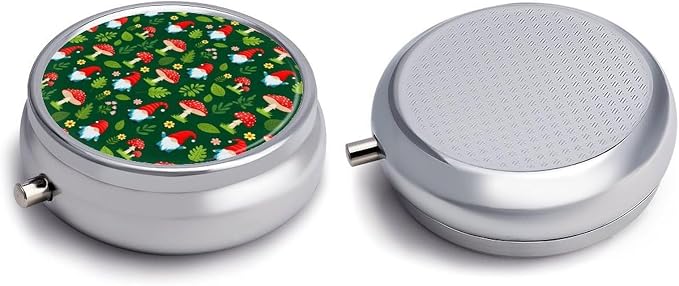 Round Pill Box for Purse Tote Bag Red Mushroom Unique Design Gnome Green 3 Compartment, Compact Pill Organizer for Travel Supplements