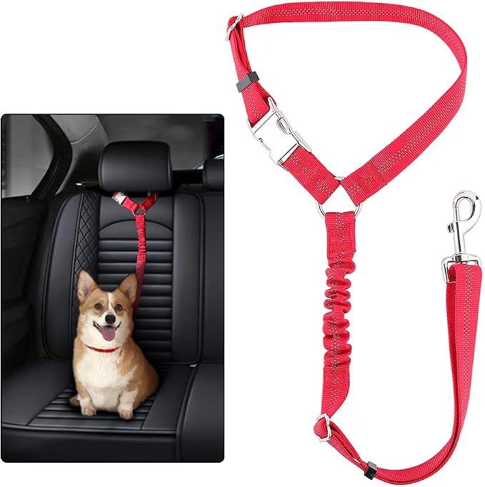 Plutus Pet Dog Seat Belt for Car Headrest, Reflective with Elastic Bungee | Adjustable Restraint for Safety, Vehicle Seatbelt Harness for Small Medium Large Dogs and Cats, Red