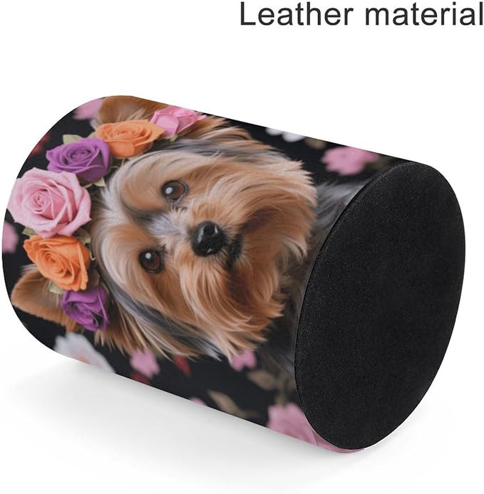 PU Leather Yorkie Floral Pen Holder Desk Stationery Organizer Remote Control Container Caddy Multifunctional Makeup Brush Storage Box Desktop Decor for Office Home
