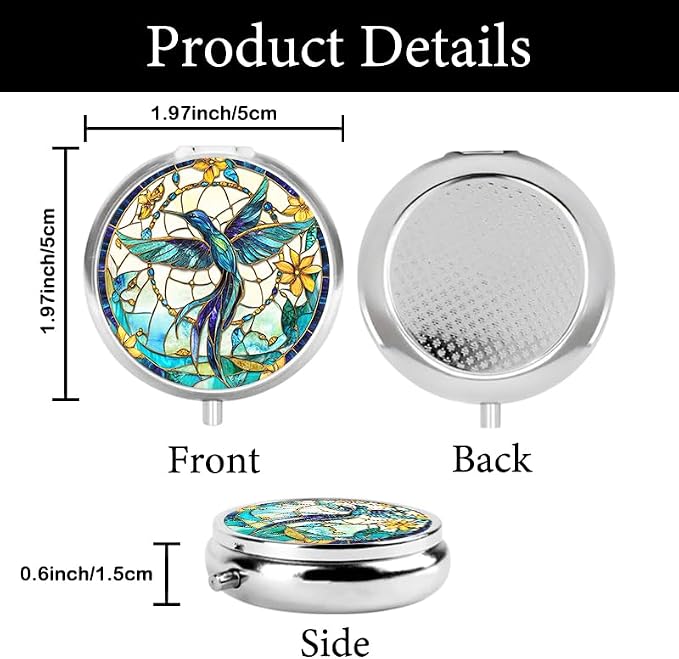 Portable Round 3 Compartment Metal Pill Box Bohemian Translucent Hummingbird Dream Catcher Ideal for Travel Daily Medication Organization or As a Thoughtful Gift for Friends