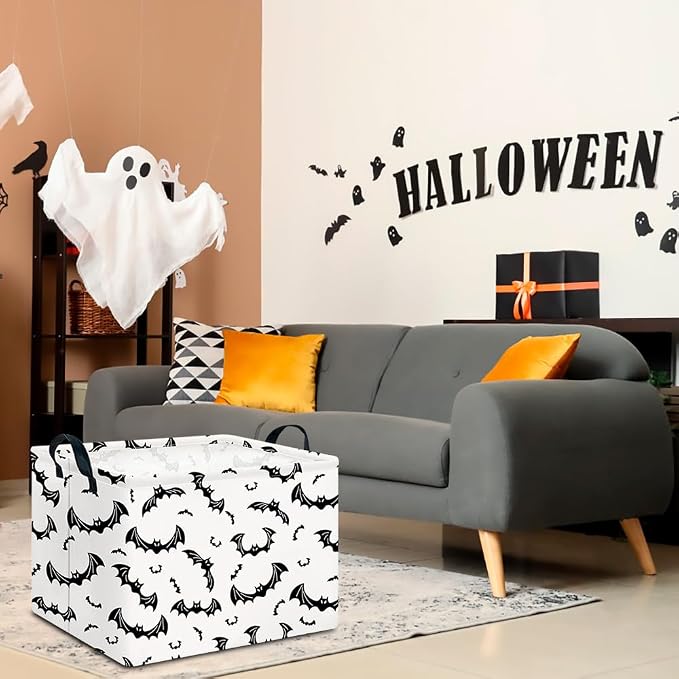 CLOCOR Rectangular Gift Basket Empty for Halloween, Waterproof Storage Basket with Handles, Books Box, Room Decor(Black Bat)