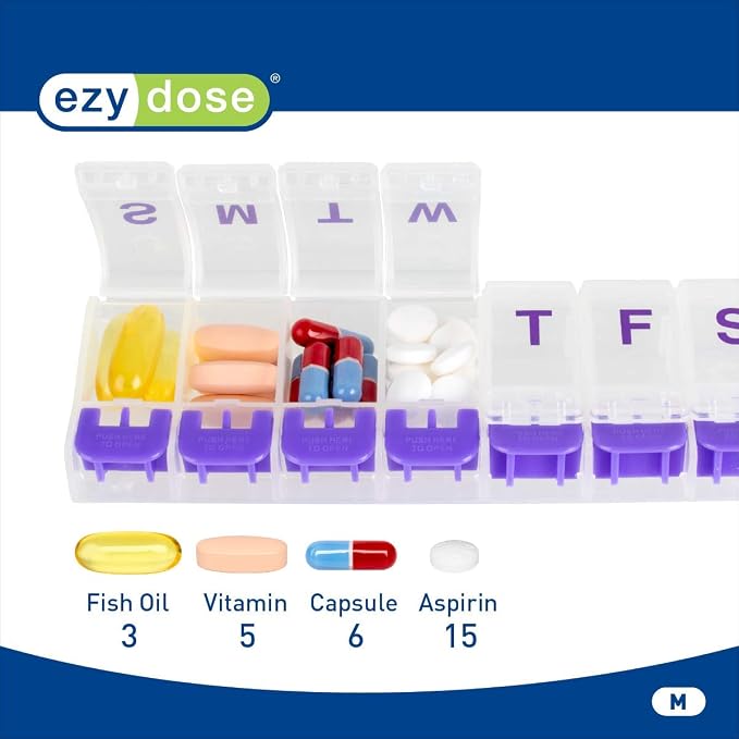 EZY DOSE Weekly (7-Day) Pill Case, Medicine Planner, Vitamin Organizer Box, Medium Push-Button Compartments, Convenient and Easy to Use, Color May Vary, BPA Free