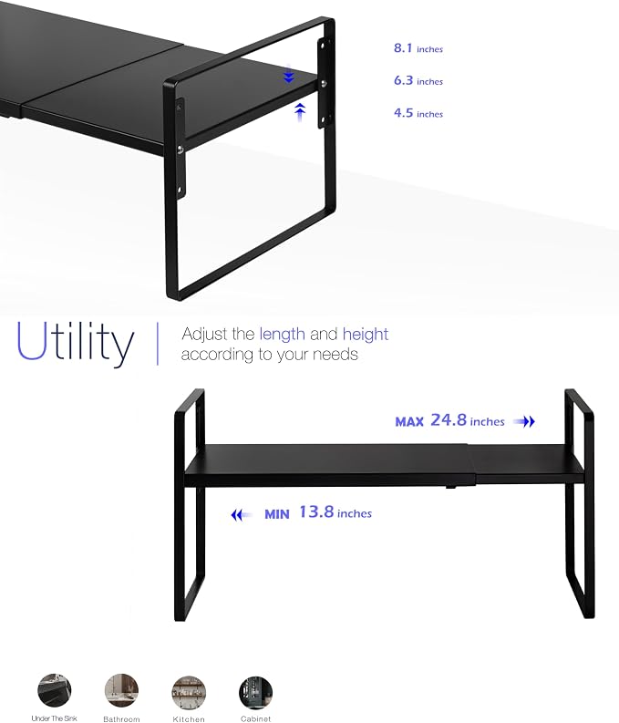 Nxconsu Cabinet Shelf Riser, Adjustable Cabinet Organizer, 12" Deep Black | Heavy-Duty Metal Expandable Shelf Holds 50 lb with 3 Height Levels for Kitchen Cabinet Cupboard Pantry Dish Mug