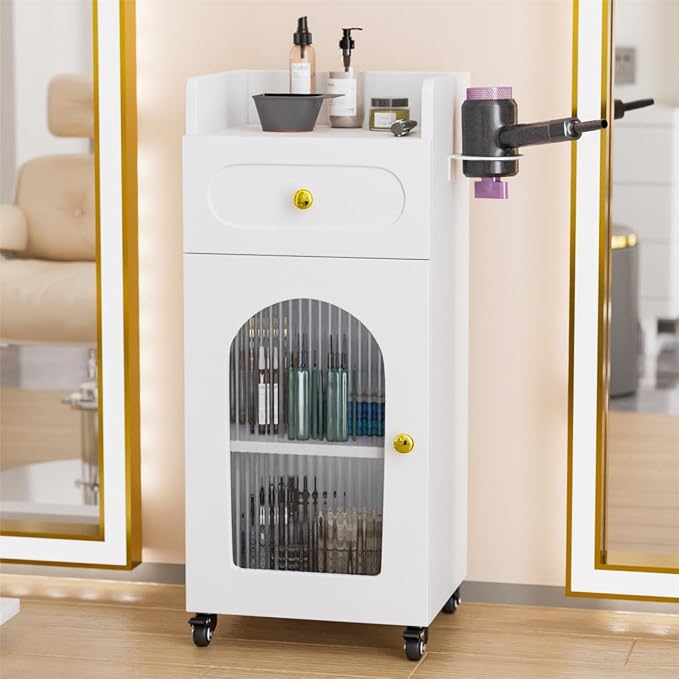 Salon Cart with Wheels, 3 Tier Rolling Beauty Trolley for Hair Stylist, Barber, Esthetician, Storage Cabinet w/Glass Door & Dryer Holder & Adjustable Shelf, Mobile Station for Spa,Tattoo (White)