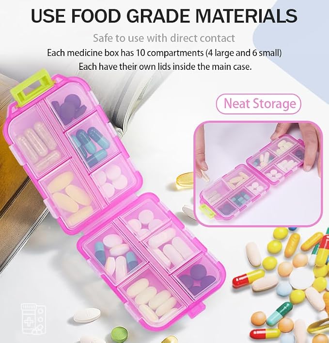 4PCS Travel Pill Organizer Portable Pocket Pill Case Small Pill Box for Purse Medicine Organizer Have 10 Compartments Storage Vitamin Fish Oil by INVODA (4 Pack+Lables)