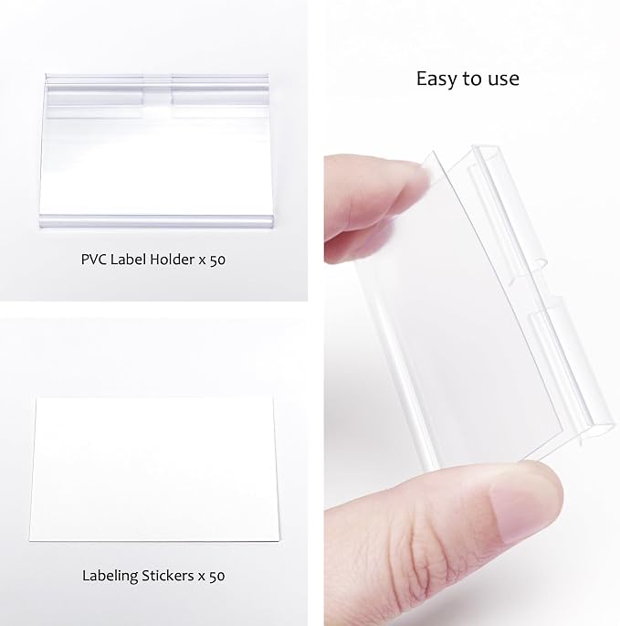 50pcs Labels for Storage Bins Plastic Label Clip, Basket Labels Clip On Wire Shelf Price Label Holder Merchandise Sign Display Holder, 50pcs Label Insert Included (6x4cm)