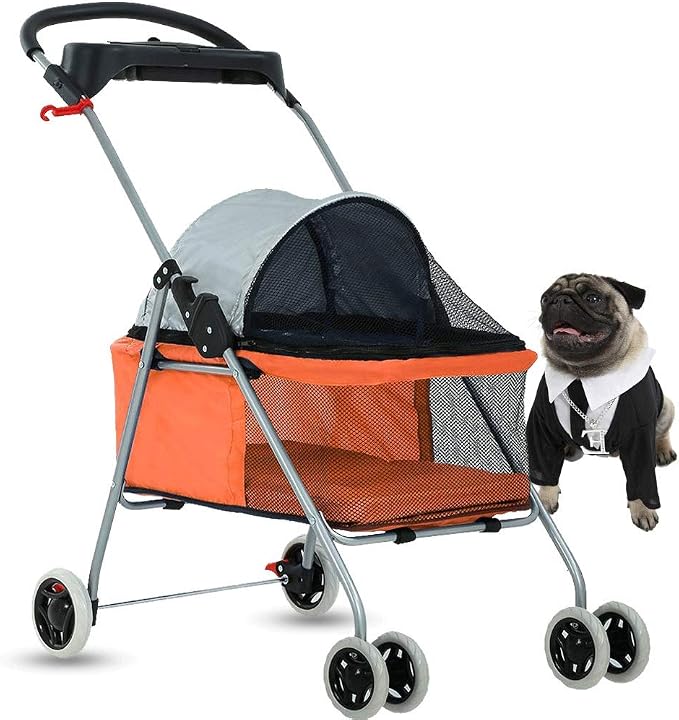 4 Wheels Pet Stroller Cat Dog Cage Stroller Protable Travel Folding Carrier Cart Waterproof Buggy Doggie Dog Stroller Jogger with Cup Holders for Small-Medium Dogs, Cat Orange