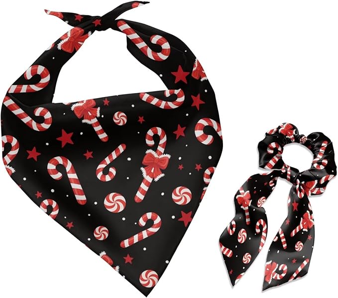 COEQINE Christmas Winter Dog Bandanas Bulk with Bow Hair Tie Pattern Dogs Birthday Bandana Xmas Candy Black Cute Holiday Costum Kawaii Dog Outfit for Small Medium Large Puppy