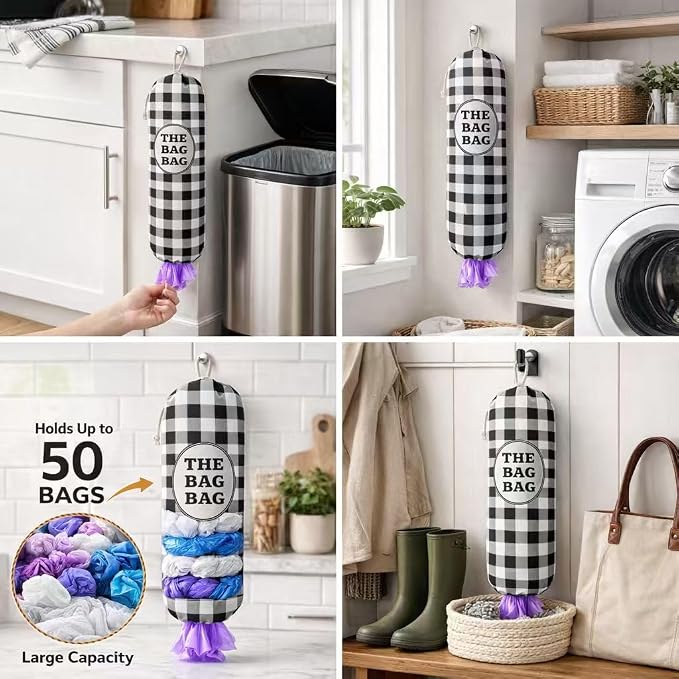 THE BAG BAG Plastic Bag Holder, Black and White Buffalo Check Plaid Grocery Bag Dispenser, Hanging Trash Bag Storage Organizer for Kitchen, Laundry Room, Pantry, Farmhouse Decor, Gifts For Grandma Mom