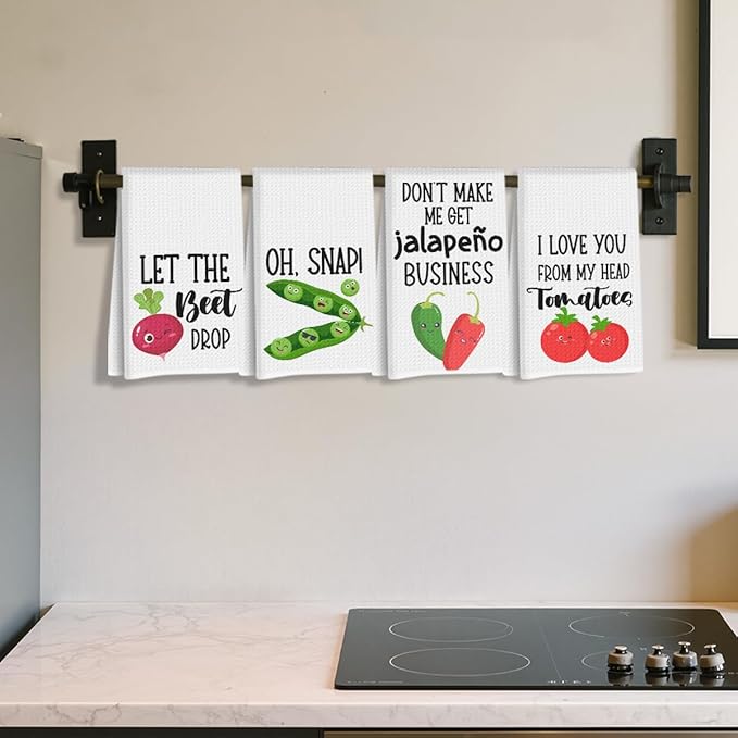 4 Pcs Funny Vegetable Kitchen Towels 24x14 Inch, Chili Carrot Pepper Tomato Decor Microfiber Reusable Tea Towels for Kitchen Farmhouse, Durable Waffle Dish Drying Towel, Plant Gifts for Women Mom
