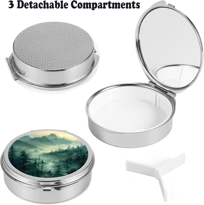 Small Pill Box 3 Detachable Compartments Pill Case with Mirror 2.4inches Pocket Round Medicine Organizer, Mini Portable Pill Organizer for Pocket Purse& Travel Convenience-Forest Mountains