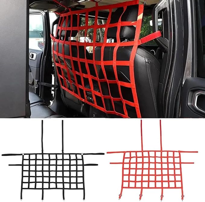 Car Nets Car Rear Seat Trunk Isolation Cargo Net Dog Barrier Protection Divider Safety Driving Mesh For Jeep For Wrangler JK JL JT 2007-2023 Cargo Net (Red)