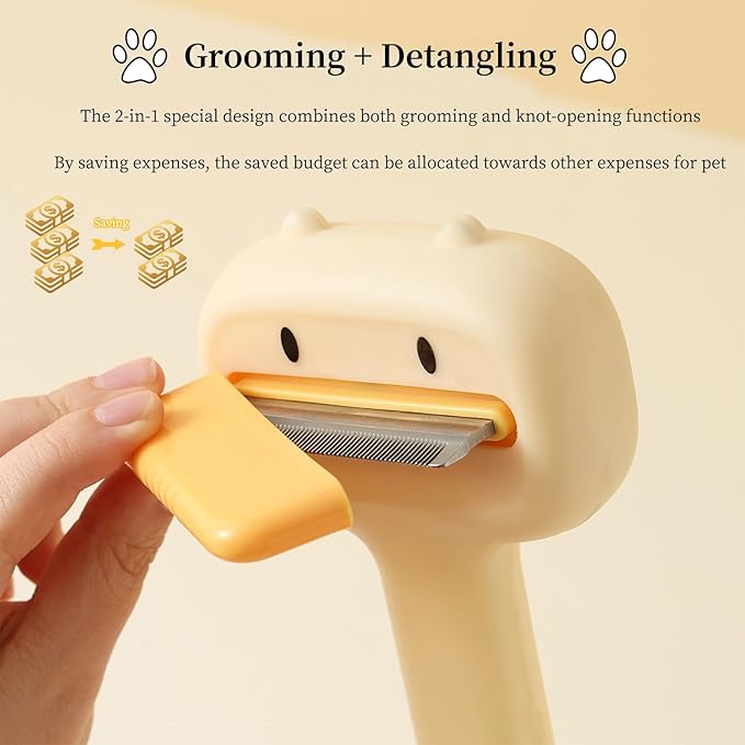 Duck-Shaped Dog Grooming Brush, 2-in-1 Pet Pin Brush & Undercoat Rake with One-Click Cleaning, Soft Bristles for Pet Safety, Hanging Hook Design - Ideal for Long Haired Dogs & Puppies
