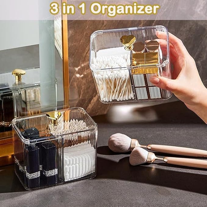 2 Pack 3-Section Clear Qtip Holder with Dustproof Lid, Bathroom Cotton Ball and Qtip Organizer, Cotton Swab Container for Vanity Canisters Jars for Countertop Storage and Organization (Clear-White)