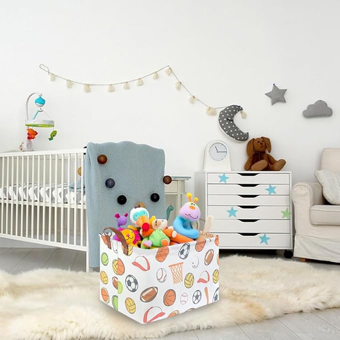 Rectangular Ball basket,Kids Storage Bins, Foldable and waterproof canvas kids basket organizer, Boys toy box,boys Room Decor,shelf basket(Ball game)