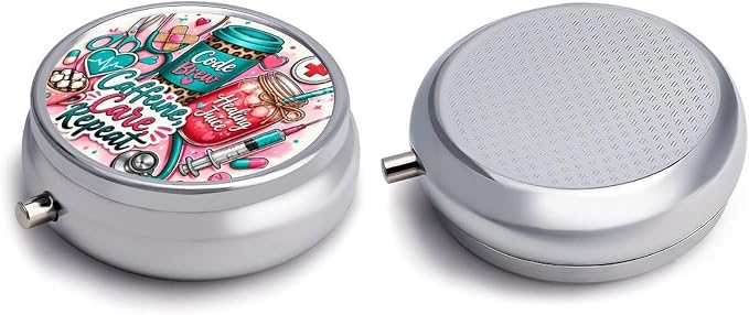 Cute Coffee and Care Collection Round Pill Box with 3 Compartments, Portable Travel Pill Organizer with Spring Snap Closure for Vitamins Supplements Fish Oil