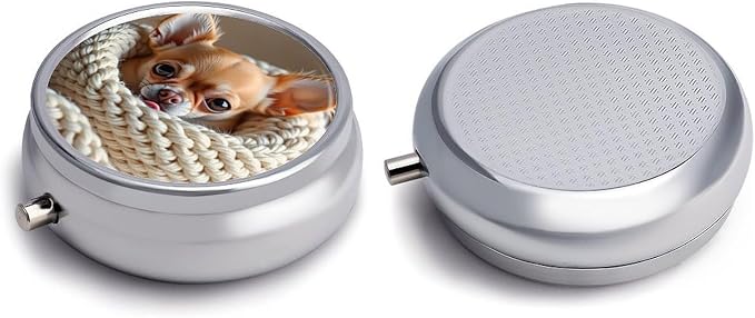 Cute Brown Chihuahua Metal Pill Organizer with Mirror, 3-Compartment Travel Pill Box, 2-Inch Round Pocket Medicine Case with Secure Latch, Portable Vitamin Holder for Women & Men