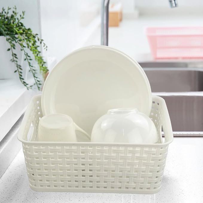 6-Pack Plastic Storage Basket, Woven Basket Bin | Breathable Woven Design, Plastic Structure, Cutout Side Handles, Ideal for Pantry, Cabinet and Office Supply Organization