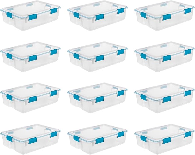 Sterilite Gasket Storage Box with Lids for Home & Office, 37 Quart, 12-Pack | Heavy-Duty, Stackable, and Organizing Containers for Bathroom, Cabinet, Closet, and Garage, Clear and Blue Aquarium Latches