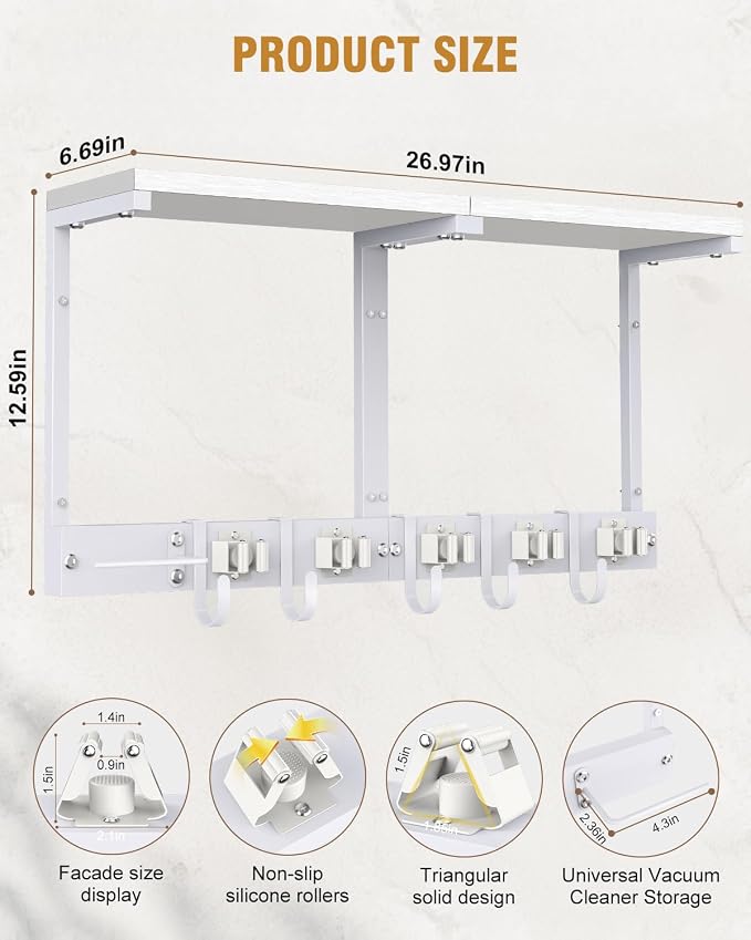 Large Broom Holder Wall Mount with Shelf, Vacuum Organizer, 5 Slots 5 Hooks | White, 3-In-1 Wall Mount Stores Brooms/Mops/Vacuum, Cleaning Supplies With 5 Grippers/5 Hooks And A Sturdy Wooden Top Shelf