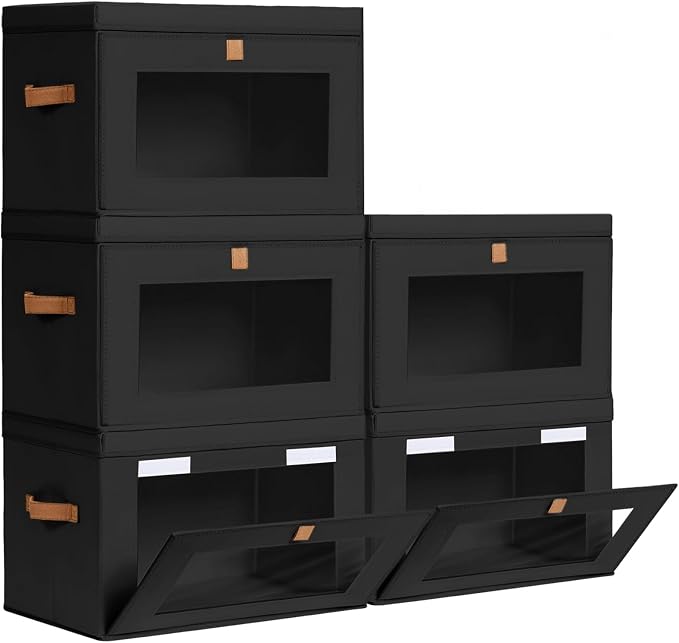 Large Closet Storage Bins - Collapsible Clothes Organizer with Handles & Window, Decorative Boxes with Lids, Linen Closet Organizers for Living Room, Dorm, 5 Pack, Black