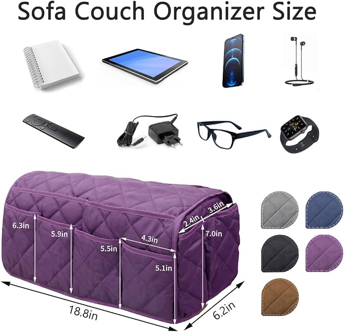 Sofa Armrest Organizer,Couch Remote Control Holder with 14 Pockets Waterproof Non Slip Recliner Organizer for TV Remotes Caddy, Book, Magazines, Ipad (Purple)