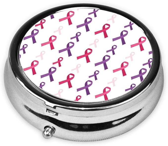 Travel Pill Dispenser, Round Small Organizer, Metal Case for Medicine, Pocket Purse Container for Camping Trips, Breast Cancer Awareness Pink Ribbons