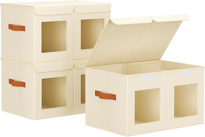 Homsorout Large Closet Storage Bins - Collapsible Divided Clothes Organizer with Lids & Dual Window, Fabric Organizing Bins for Clothes, Sweater, Bedroom, Office (Beige, 3 Pack)