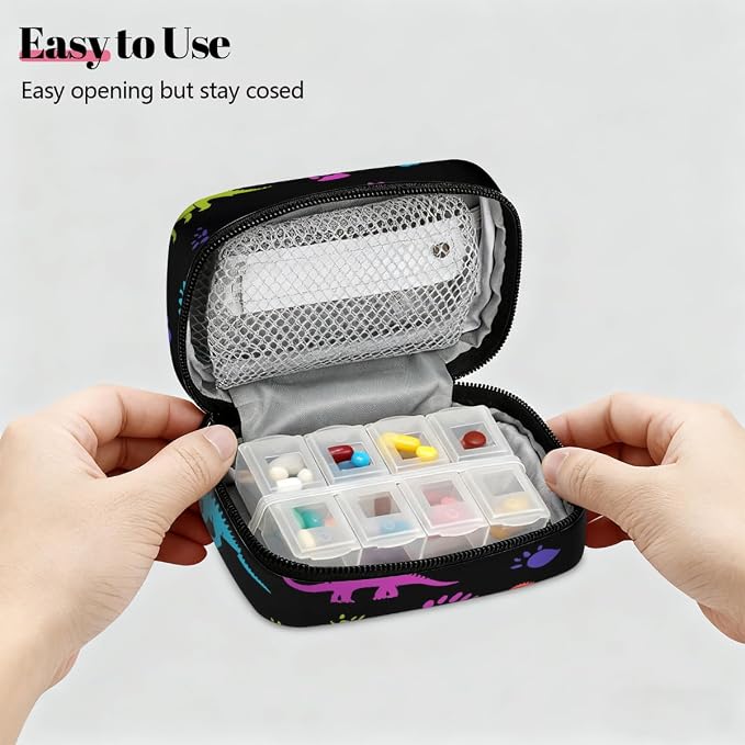 Weekly Pill Organizer Travel Size Bag with Removable 7 Day Pill Box Portable Vitamin Case Purse with Zipper,Colorful Dinosaurs Black Pattern