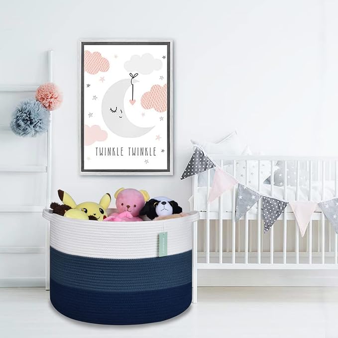 Large Cotton Rope Blanket Basket, 87L Laundry Hamper, White & Blue