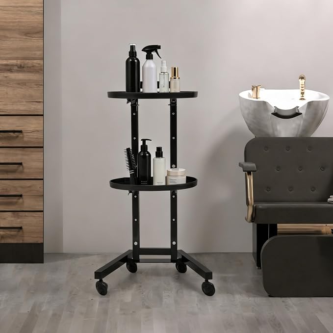 2-Tier Hairdressing Trolley, Mobile Salon Tool Storage Cart | Carbon Steel & Plastic Structure, Foldable 2-Tier Shelves, Protective Guardrails, 4 Universal Wheels, Stable Trapezoidal Base