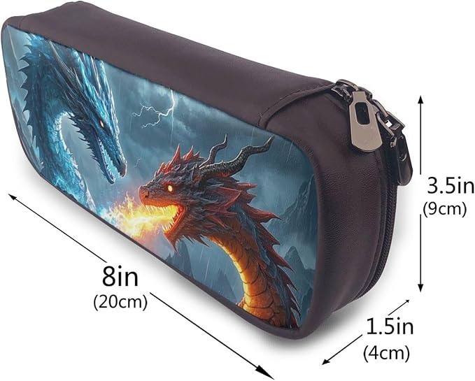 Leather Pen Case with Zipper - Aesthetic Pen Holder Ice Dragon and Fire Dragon Pencil Case for Women & Men - Handcrafted Pencil Bag Multi-Functional Travel Cosmetic Case for Work Office Tool Pouch