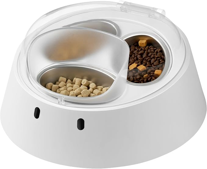 RFID Microchip Cat Feeder, 1 Tag Opens 2 Hidden Bowls, Anti-Theft | 3 removable stainless bowls (2 protected + 1 open), quiet rotating access, 2-4 in tag range, cordless 10 days or plug-in