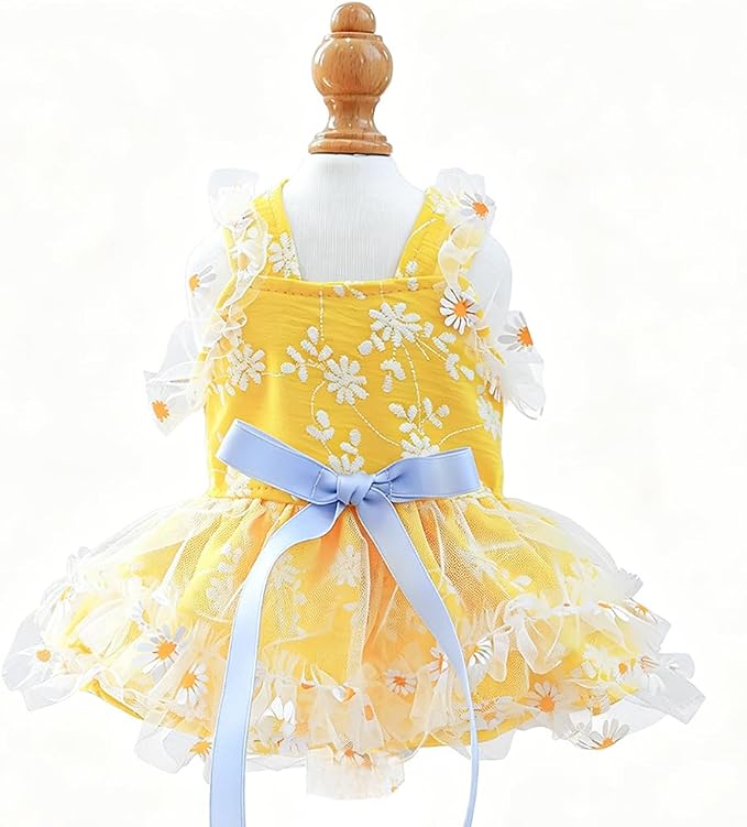 Yellow Small Dog Dress Female with Daisy Pattern Sleeveless Puppy Clothes for Girl Dog Outfit Bow Knot Cat Dresses Summer Pet Sundress Holiday Cat Apparel (Yellow, Small)